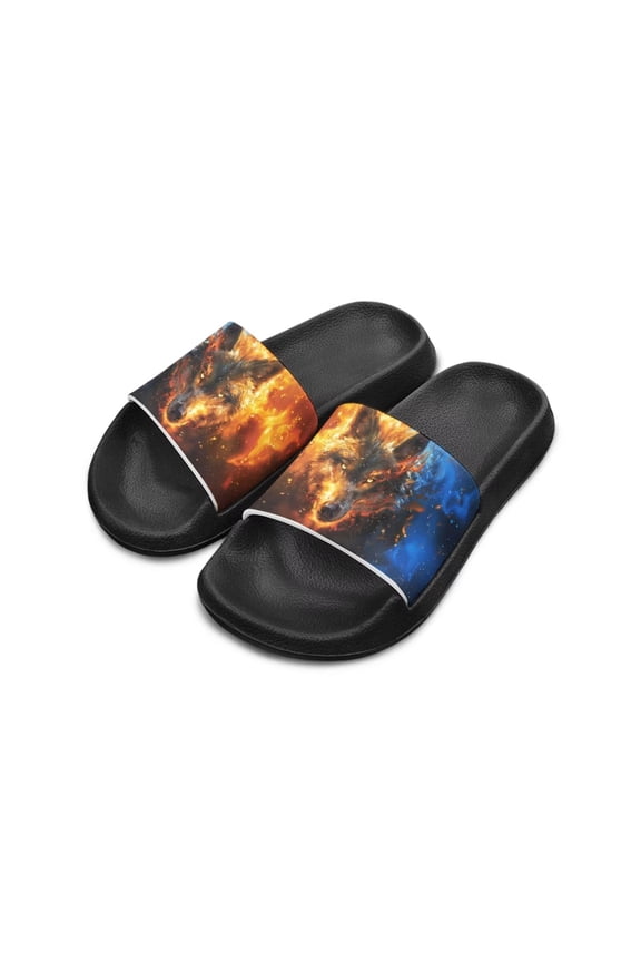 Slip On 3D Print Wolf Flame Open Toe Kids Sandals Easy to Clean Quick-Drying Slippers for Living Room Comfort, Orange