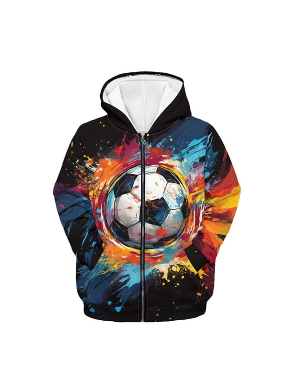 Soccer Sweatshirts for Boys 8-10 Trendy Y2K Zip up Hoodies Paint Splatter Long Sleeve Hooded Jacket Kids Pullover Tops with Pockets Fall Winter Clothes