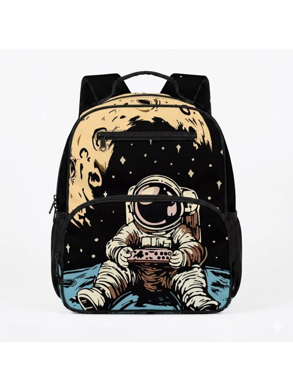 Spacemen Moon Toddler Backpack for Little Explorer Boy Girl Age 2-6, 13.5 Inch Preschool Kindergarten Bookbag, Lightweight Breathable Daypack with Top Handle