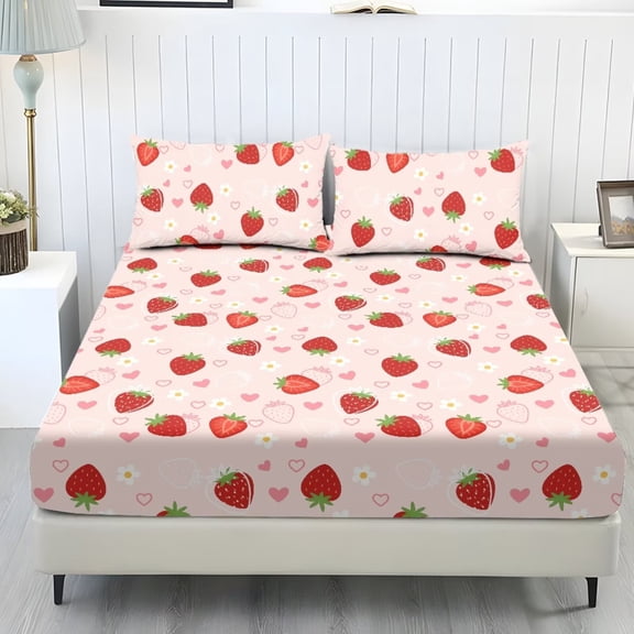 chaqlin Strawberry Heart Fitted Bed Sheet Twin Size 3 Pcs Set Breathable Easy Care Fitted Sheets with Elasticized 9.8" Standard Pocket Fade Resistant Bedroom Decor Bedding Sheets