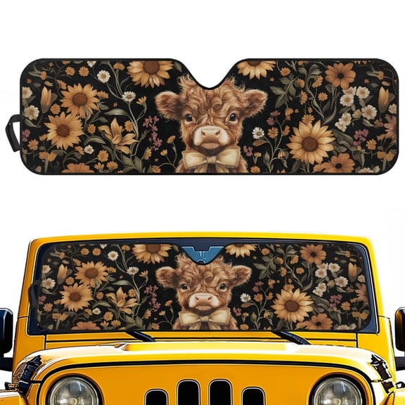 chaqlin Sunflower Highland Cow Windshield Sun Shade for 2020-2025 Jeep Gladiator & 2018-2025 Wrangler JL JLU Foldable Windshield Sunshade, Sun Visor Blocks UV Rays, Keep Interior Cool
