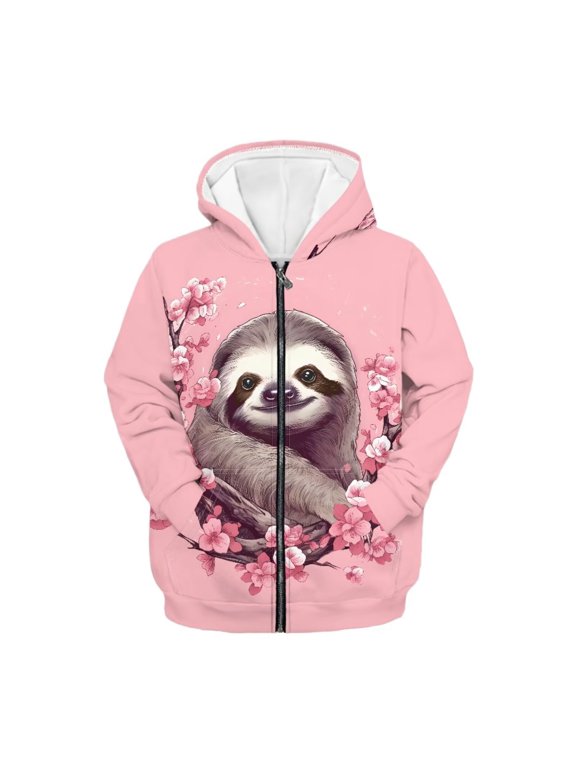 Teen Girl Sloth Hoodies Trendy Y2K Zip up Hoodie Cherry Blossom Long Sleeve Sweatshirts Jacket Lightweight Loose Fit Sports Coat Casual Outerwear with Pocket