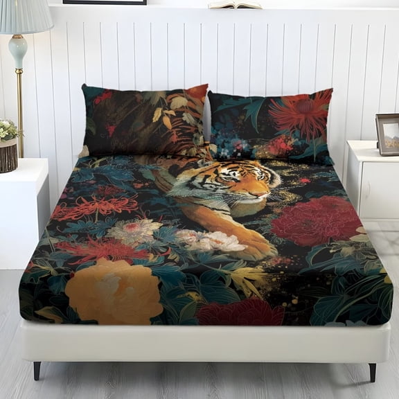 chaqlin Tiger Print Bed Sheet Set King Size Cooling 3-Piece Retro Peony Fitted Sheets with 2PCS Pillowcase Elastic Wrinkle Free Sheets Set with Standard Pocket 9.8 Inch