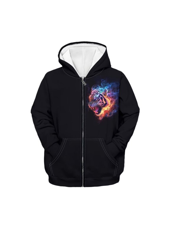 Tiger Zip up Hoodies for Boys 11-13 Fire Flame Print Full-Zip Hoodie Sweatshirt Kids Long Sleeve Jacket Lightweight Loose Sports Coat with Pocket