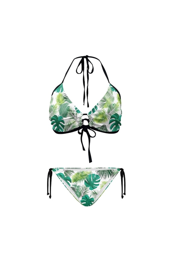 Tropical Palm Leaf Print Halter Neck Bikini Set Sexy Two Piece Triangle Swimsuit with Tie Side Bottoms for Beach Vacation & Pool Party