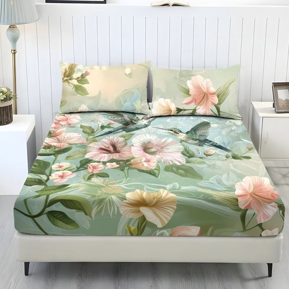 chaqlin Twin Size Bed Sheets Set 3 Piece Hummingbird Pink Flower Print Bedding Sheet Set Soft Non-Fading Bedsheet & Pillowcases for Twin Size Bed for Home Decor