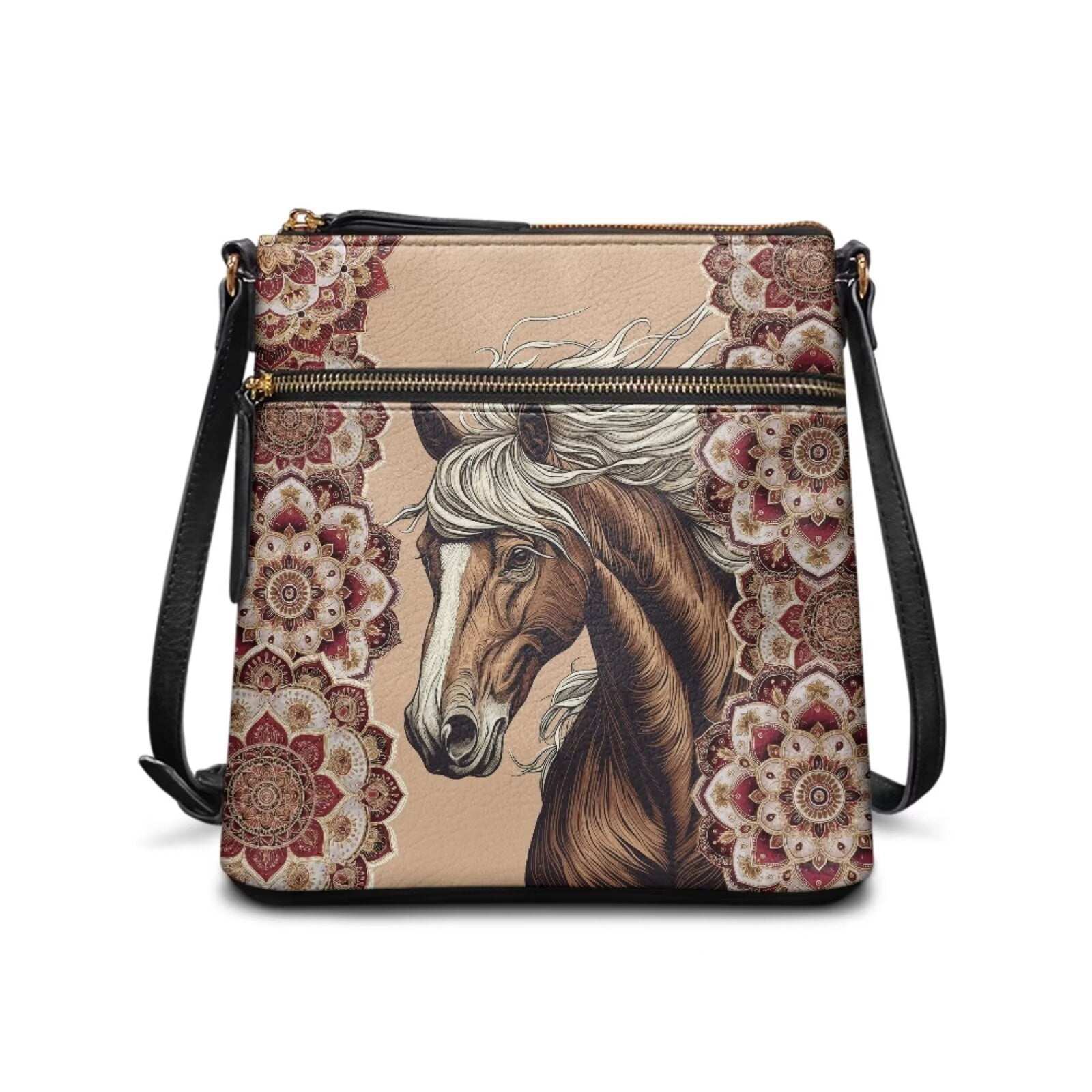 chaqlin Vintage Boho Horse Mandala Leather Handbag Lightweight