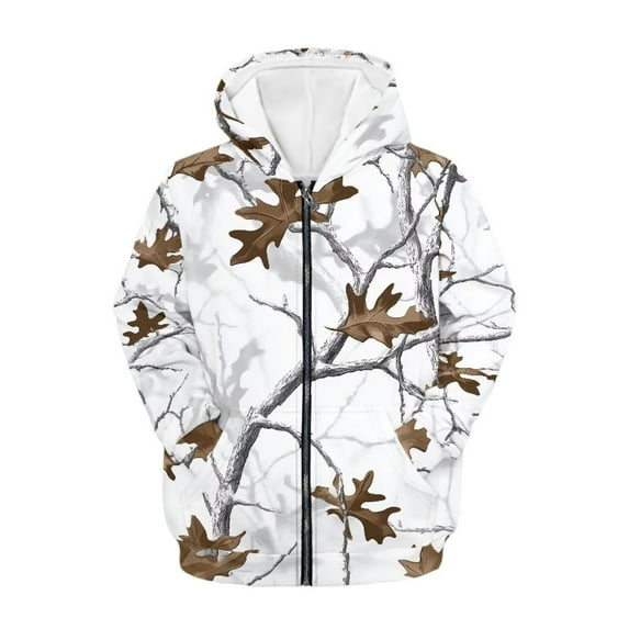 chaqlin White Camo Hunting Hoodies for Boys Girls Trendy Y2K Zip Up Hooded Sweatshirt Casual Long Sleeve Jacket Kids Sweater Top with Kangaroo Pocket