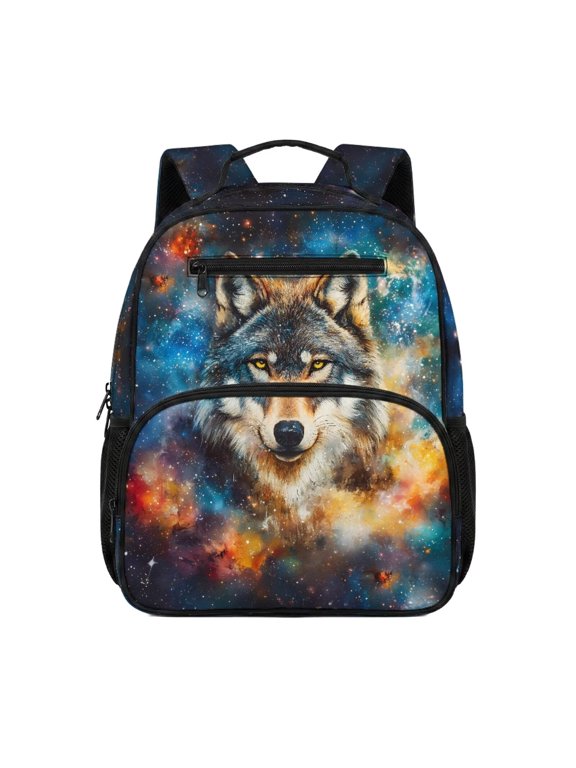 Wolf Galaxy Printed Girls Bookbag for School Lightweight Portable Preschool Mini School Bags Kids Lightweight 13.5 Inch Backpacks Daycare Bags