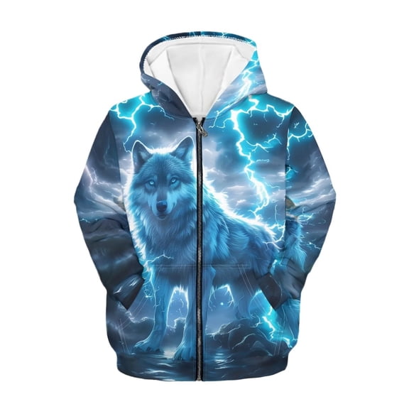 chaqlin Wolf Zip up Hoodies for Boys 6-7 Casual Long Sleeve Sweatshirts Kids Full Zip Hooded Jacket Soft Drop Shoulder Cardigan with Kangaroo Pocket