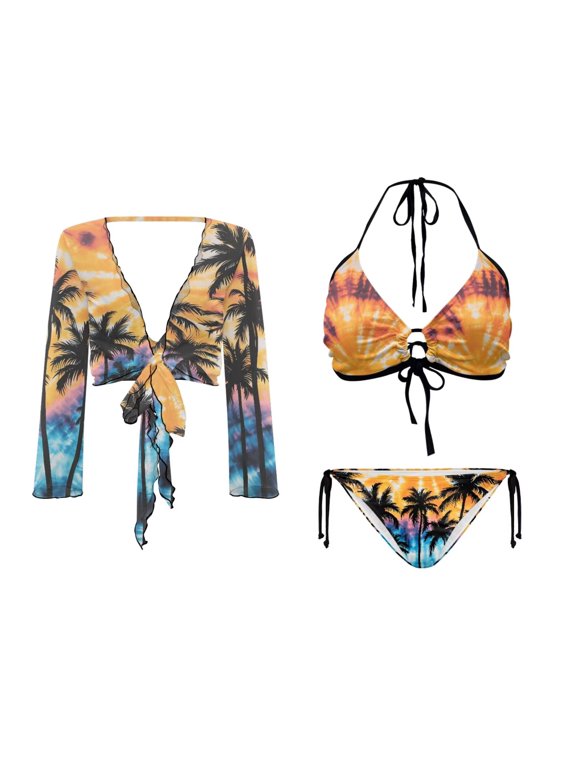 Women's 3 Pcs Bikini Set Hawaiian Palm Tree Triangle Swimsuit High Waisted V Neck Swimwear with Beach Coverup Top