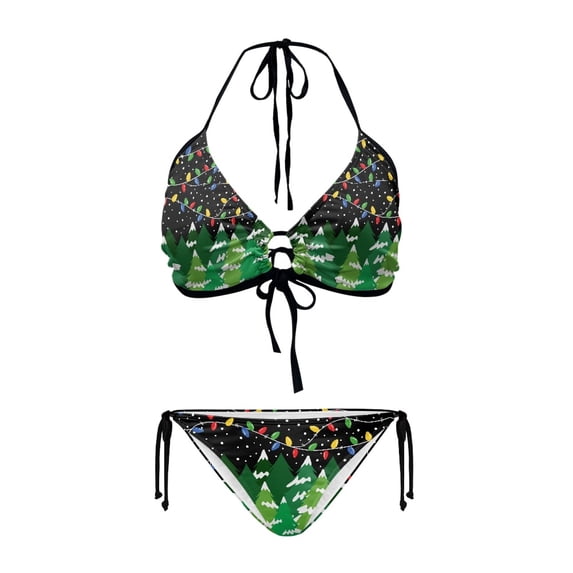 chaqlin Women's Christmas Themed Halter Triangle Bikini Set Snowy Pine Tree & String Light Print Sexy Two Piece Swimwear for Holiday Beach