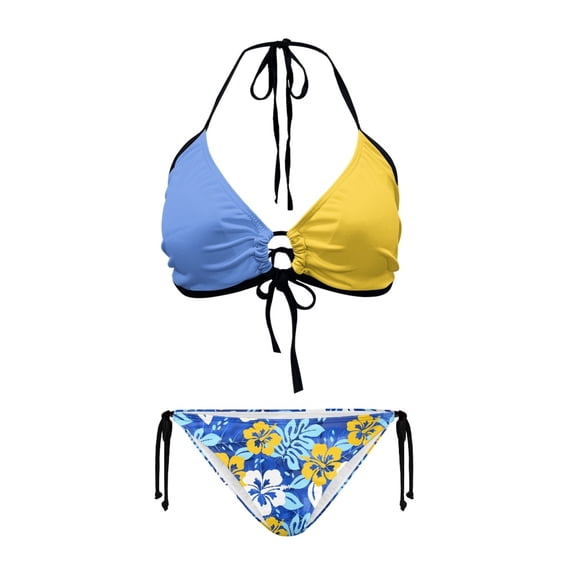 chaqlin Women's Color Block Halter Bikini Set with Hibiscus Floral ...