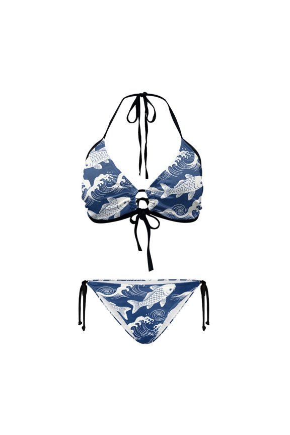 Women's Halter Neck Triangle Bikini Set - Japanese Koi Fish & Wave Print - Sexy Tie Side Two Piece Swimsuit for Beach Vacation & Pool Party