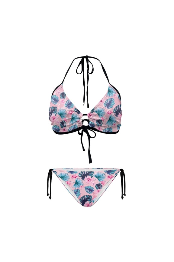 Women's Halter Neck Triangle Bikini Set - Tropical Floral & Palm Leaf Print - Quick Dry, Tie Side Bathing Suit for Beach Vacation & Pool Party