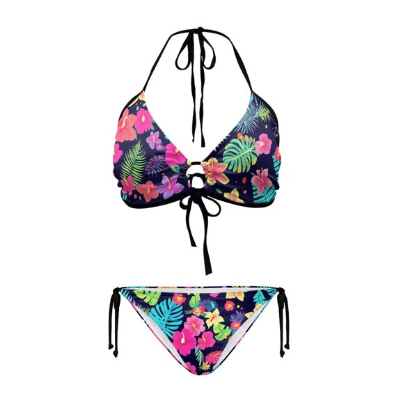 chaqlin Women's Halter Neck Triangle Bikini Set Vibrant Tropical Floral Print, Tie Side Bottoms, Quick Dry Swimwear for Beach Vacation Pool Party