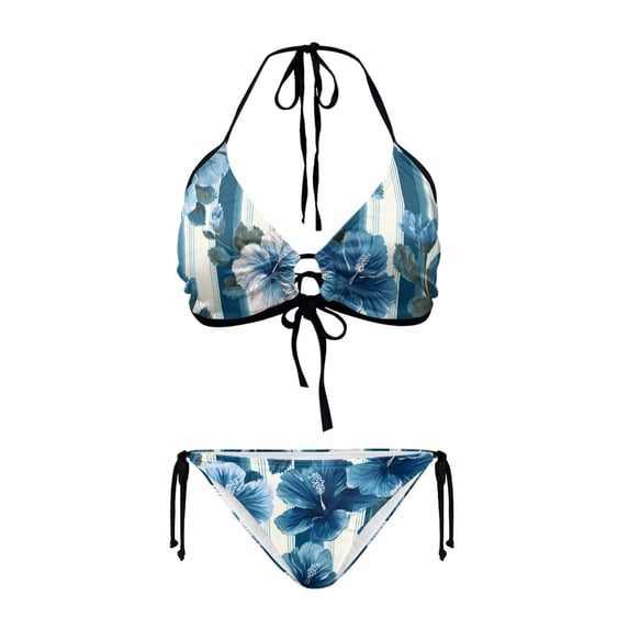 chaqlin Women's Halter Neck Two Piece Bikini Set - Blue Hibiscus Floral Stripe Design, Tie Side, Quick Dry Swimwear for Beach Vacation & Pool Party