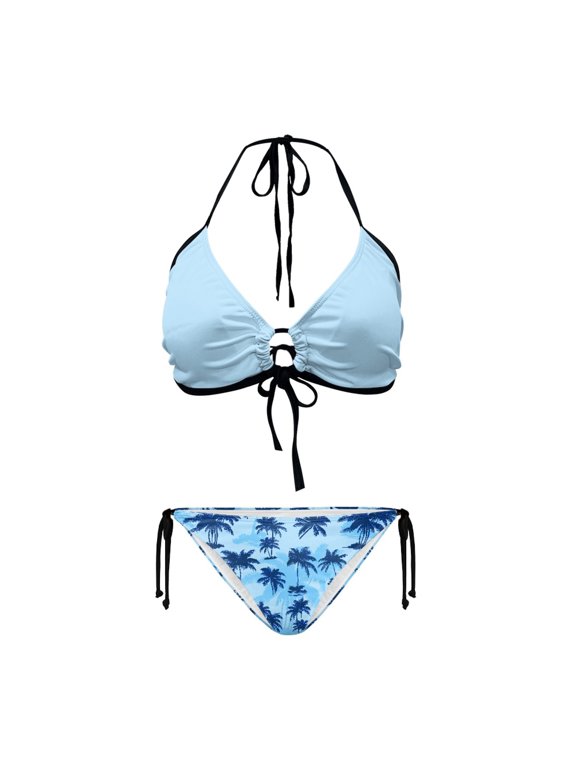 Women's Halter Neck Two-Piece Bikini Set - Blue Palm Tree Print Bottom, Quick Dry, Tie Side & Back - Perfect for Beach Vacation, Pool Party