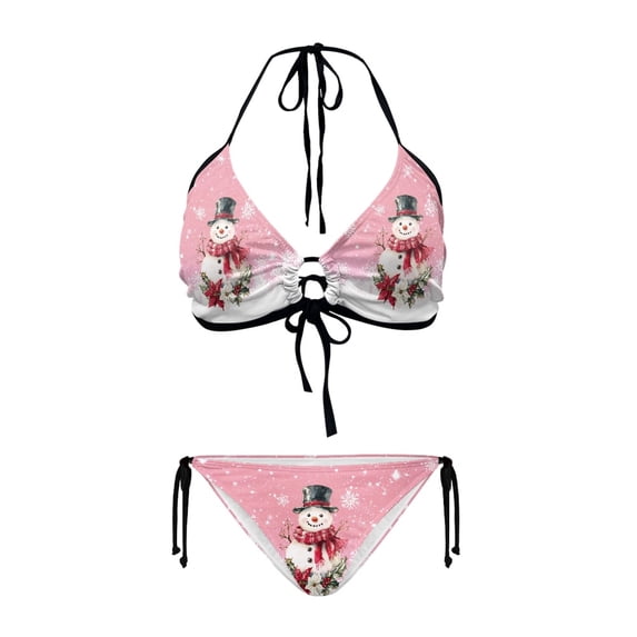 chaqlin Women's Halter Neck Two Piece Bikini Set - Cute Christmas Snowman Print Quick Dry, Stretch Swimwear for Tropical Vacation & Pool Party