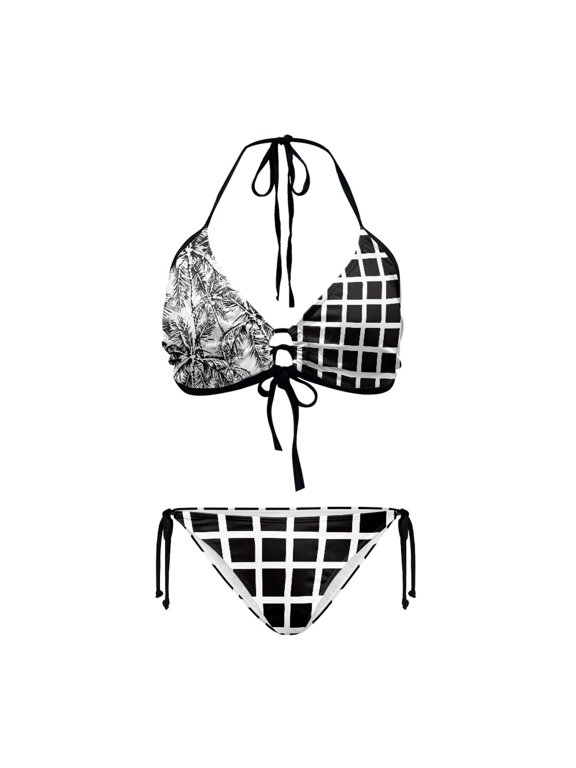 Women's Halter Neck Two Piece Bikini Set - Mixed Palm & Grid Print, Tie Side Bottoms - Sexy Quick Dry Swimwear for Beach Vacation & Pool Party