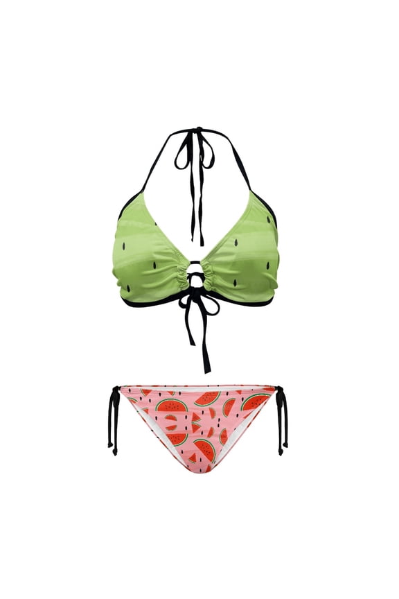 Women's Halter Neck Two-Piece Bikini Set - Playful Watermelon Print Design | Quick Dry, Tie Side Bottoms for Beach, Pool & Tropical Vacations