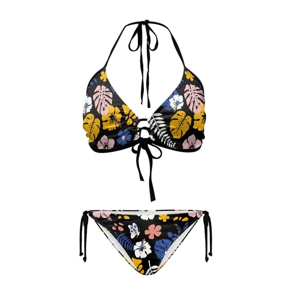chaqlin Women's Halter Neck Two Piece Bikini Set - Tropical Floral & Butterfly Print - Quick Dry, Tie Side Swimsuit for Beach Vacation & Pool Party