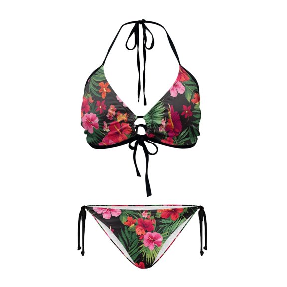 chaqlin Women's Halter Neck Two Piece Bikini Set Tropical Hibiscus Floral Print, Tie Side Bottoms, Quick Dry Swimwear for Beach Vacation