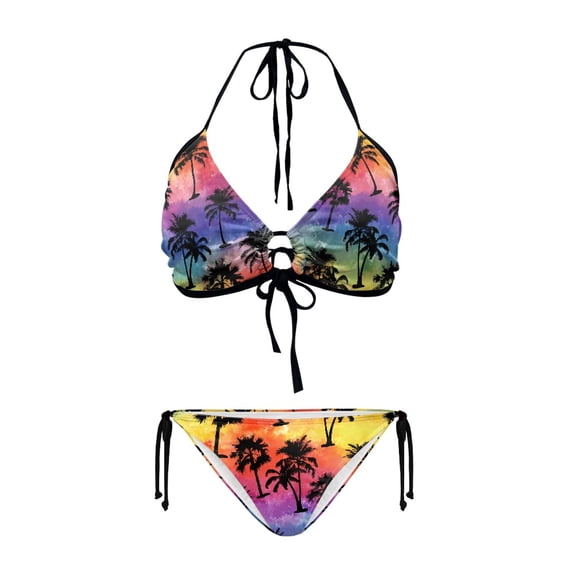 chaqlin Women's Halter Triangle Bikini Set - Sunset Palm Tree Print, Tie Side & Back, Sexy Two-Piece Swimwear for Beach Vacation & Pool Party
