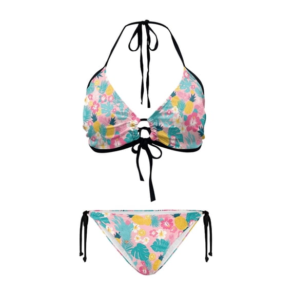 chaqlin Women's Halter Triangle Bikini Set - Tropical Floral & Pineapple Print, Tie Side Two Piece Swimsuit for Beach Vacation & Pool Party
