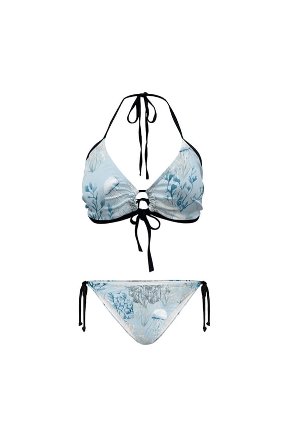Women's Halter Triangle Bikini Set - Underwater Jellyfish & Seaweed Print - Sexy Tie Side Two Piece Swimwear for Beach Vacation & Pool Parties