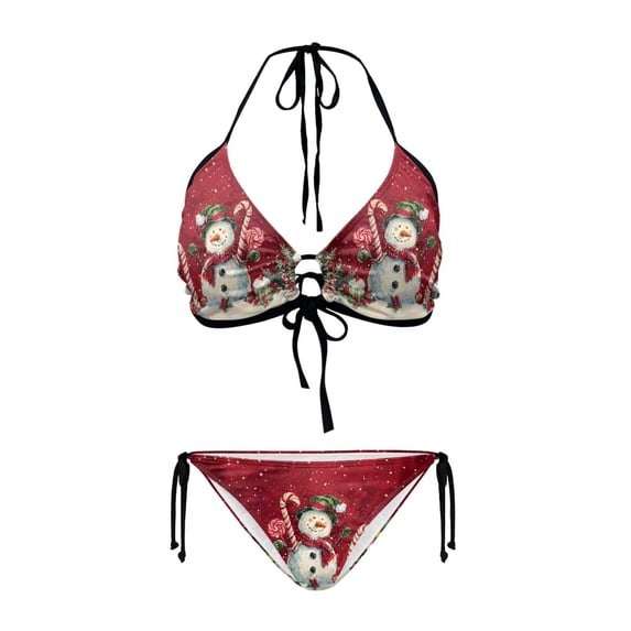 chaqlin Women's Halter Triangle Bikini Set Vintage Christmas Snowman Print Quick Dry, Tie Side Two-Piece for Beach Holiday Pool Party