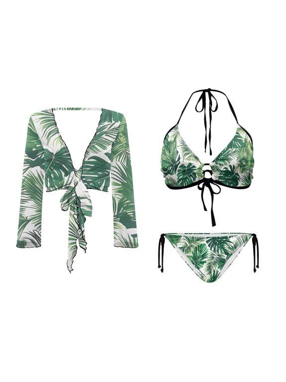 Women's Hawaiian Palm Leaf Bikini Set Three Piece Halter Triangle Tie Swimsuit with Long Sleeved Cover Up Size M