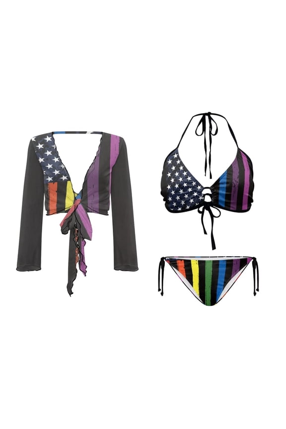 Women’s Rainbow American Flag Swimsuit Pride Flag Halter Padded Top Tie Side Bottom Triangle Bikini Set and Long Sheer Cover up for Women Beach Summer Party