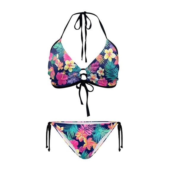 chaqlin Women's Tropical Floral Halter Bikini Set Two Piece Triangle Swimsuit with Tie Sides Sexy Quick Dry Bathing Suit for Beach Vacation
