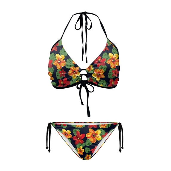 chaqlin Women's Tropical Hibiscus Floral Halter Bikini Set - Two Piece Triangle Swimsuit with Tie Side Bottoms for Beach Vacation & Pool Party