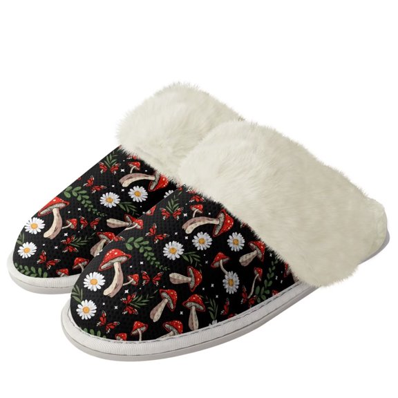 chaqlin Womens Mushroom Slippers for Women Slip on Fuzzy Slippers Daisy Print Fluffy Winter House Shoes Indoor and Outdoor Warm Plush Bedroom Slippers Size 7