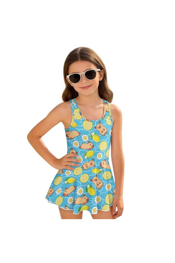 Yellow Lemon Capybara Girls One-piece Bathing Suit Kids Sleeveless Swimwear Swim Dress Toddler Cute Ruffle Swimwear with Dress for Beach Sport Swimsuit School Pool Party Outfits 12-13Y