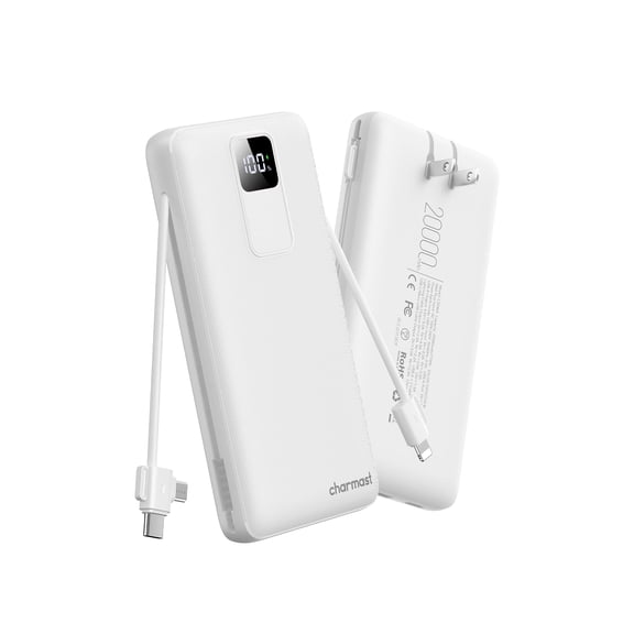 charmast 20000mAh Portable Charger with Built-in Cables & Wall Plug, 20W USB C Power Bank, Fast Charging Battery Pack Travel Essentials Compatible with iPhone 16/15/14 Series, Samsung, Google, iPad