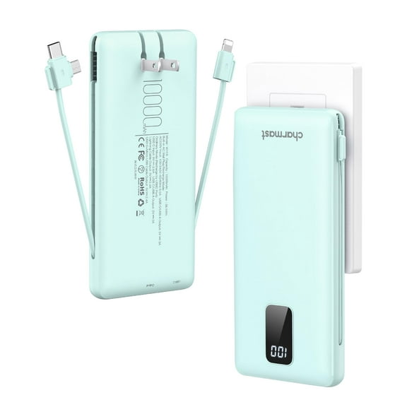 charmast Portable Charger with Built-in Cables and Plug, 10000mAh USB C Power Bank Fast Charging, External Battery Pack Slim, Travel Essentials Compatible with iPhones, Samsung Galaxy, iPad