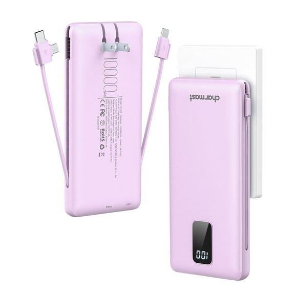 charmast Portable Charger with Built-in Cables & Wall Plug, 10000mAh Portable Power Bank, External Battery Pack Travel Essentials Compatible with iPhone 16/15/14/13, Samsung, iPad etc