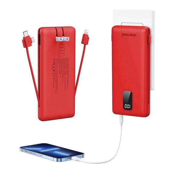 charmast Portable Charger,Power Bank Built-in Cables and AC Wall Plug,10000mAh USB C Fast Charging,External Battery Pack Slim,Travel Essentials Compatible with iPhone,iPad,Samsung,Android