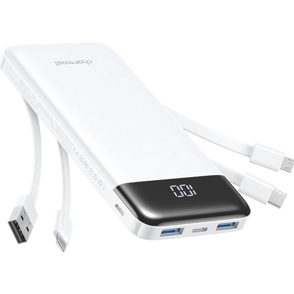 Portable Charger with Reinforced Built-in 4 Cables,10000mAh Power Bank Travel Essentials 6 Outputs 3 Inputs 3A Fast Charging Compatible with iPhone iPad Samsung Google Pixel LG Moto etc.