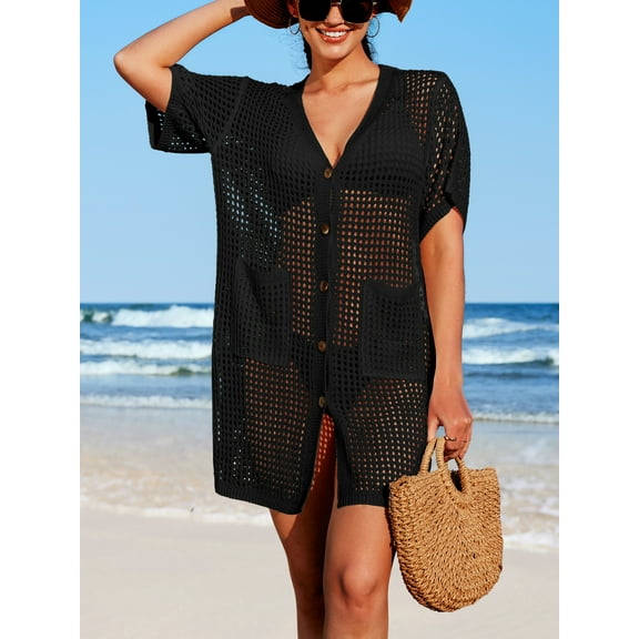 charmo essentials Short Sleeve Beach cover-ups for Womens Side Split Botton One Piece Swimwear