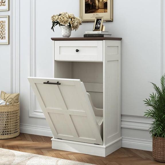 chartustriable Farmhouse Tilt-Out Trash Can Cabinet, 12.5 Gallon Laundry Hamper with Drawers, Wooden Hidden Garbage Can Cabinet w/Storage for Kitchen & Living Room, Antique White