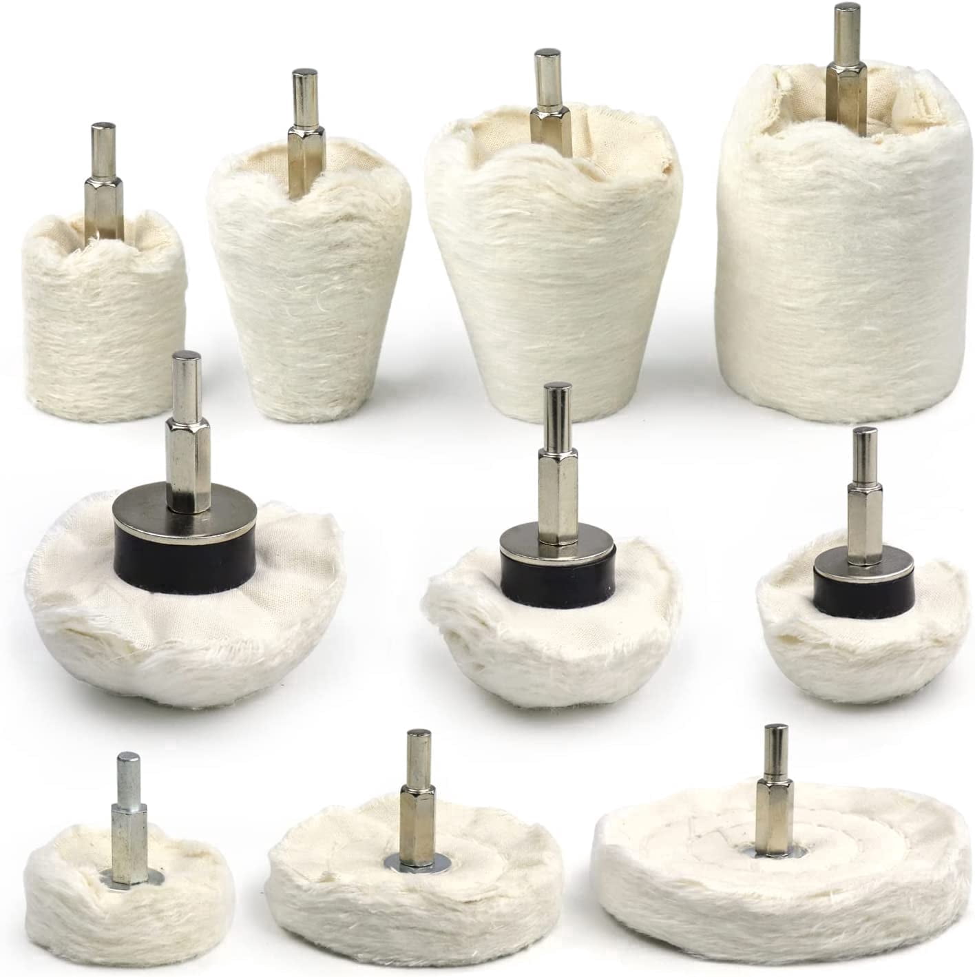 chasenew 10PCS Buffing Wheel for Drill, Flannelette Polishing Wheels Mixed Polish Head Kit with 1/4'' Shaft for Car Wheel Aluminum Stainless Steel Chrome Manifold Washing & Polishing