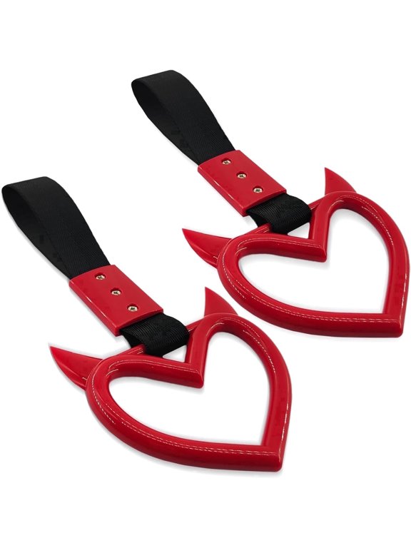 2PCS Heart shaped Car Handle Straps, Heart Car Accessories, Ring Hearts Shaped Cars Hand Strap Drift Charm, Universal Handle Keychains Accessory Suitable for Cars Bus (Red+black)