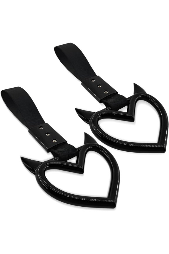 2PCS Heart shaped Car Handle Straps, Heart Car Accessories, Ring Hearts Shaped Cars Hand Strap Drift Charm, Universal Handle Keychains Accessory Suitable for Cars Bus (Black+balck)