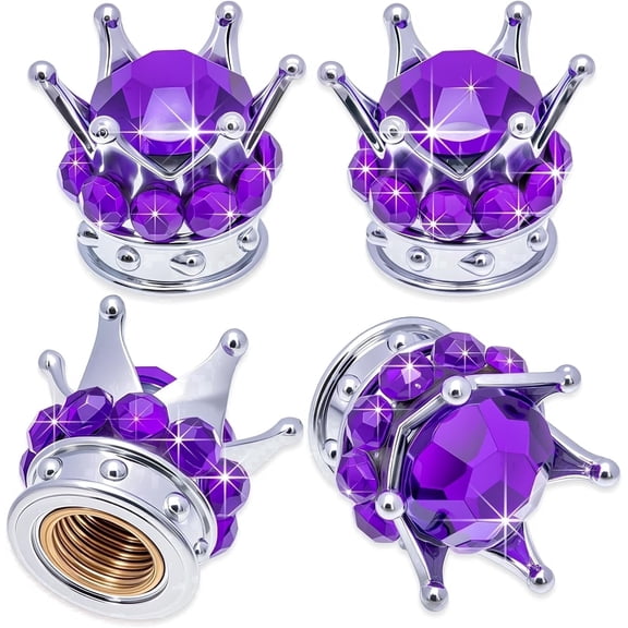 Chasenew 4PCS Crown Bling Tire Stem Valve Caps, Crystal Diamond Tire Air Cap Set Universal Copper Core Stem Covers for Cars, SUV, Trucks, Bikes, Motorcycles, Bicycles (Silver & Purple)