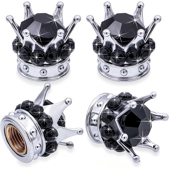 chasenew 4PCS Crown Bling Tire Stem Valve Caps, Crystal Diamond Tire Air Cap Set Universal Copper Core Stem Covers for Cars, SUV, Trucks, Bikes, Motorcycles, Bicycles (Silver & Black)