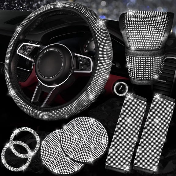 chasenew 8 pcs Bling Car Accessories Set for Women, Steering Wheel Cover, Sparkly Seat Belt Covers, Bling Gear Shift Cover, Universal Fit Most Cars (Silver Diamond)